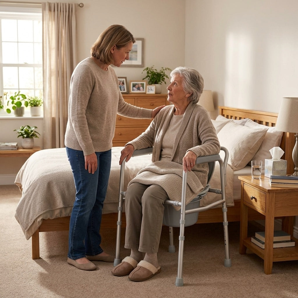 Portable Adjustable-Height Bedside Commode - at home