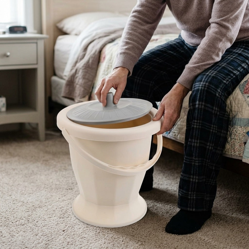 Portable Adult Toilet with Lid and Cleaning Brush - in use
