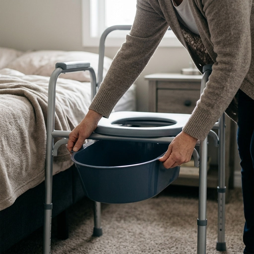 Portable Bedside Commode Bucket - in use