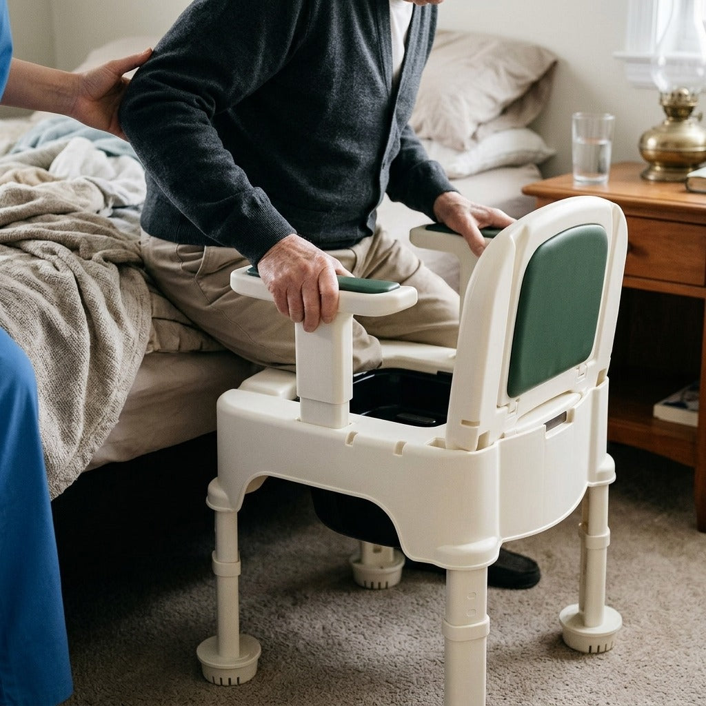 Portable Bedside Commode with Armrests and Backrest - in use