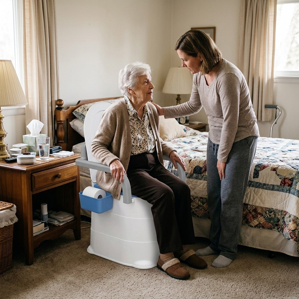 Portable Bedside Commode with Armrests - at home