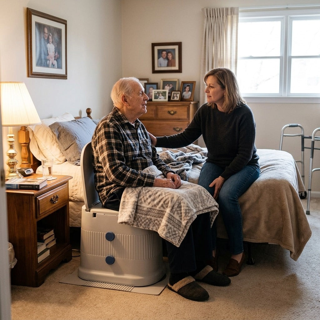 Portable Bedside Commode with Wheels and Urinal Bucket - in everyday life