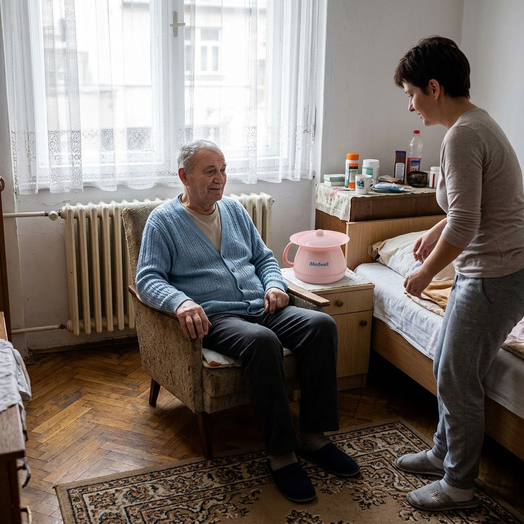 Hordozható ágy melletti vizelde fedéllel és fogantyúval - a mindennapokban