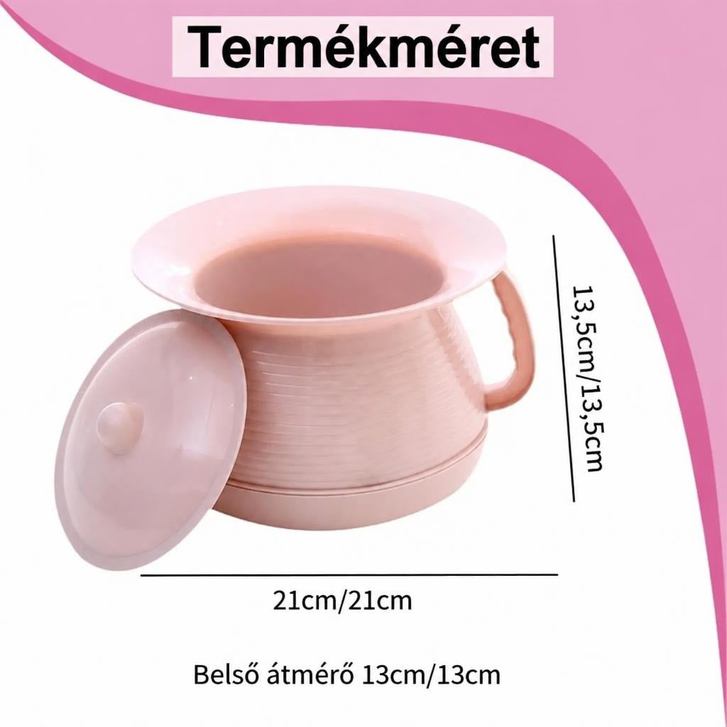 Rózsaszín műanyag éjjeliedény fedővel és termékméretekkel.
