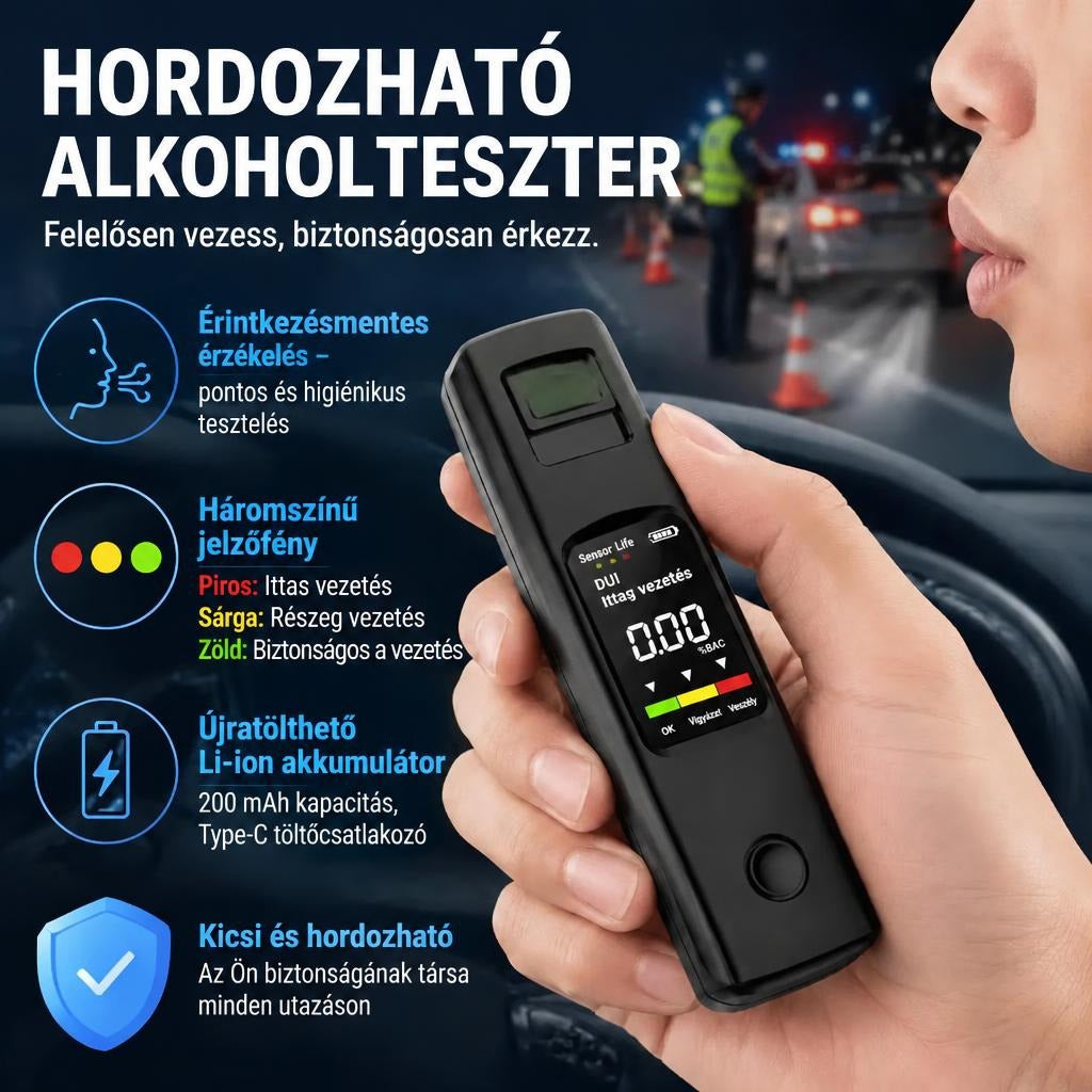 Hordozható digitális alkoholteszter bemutatása a főbb funkciókkal és a használat előnyeivel.