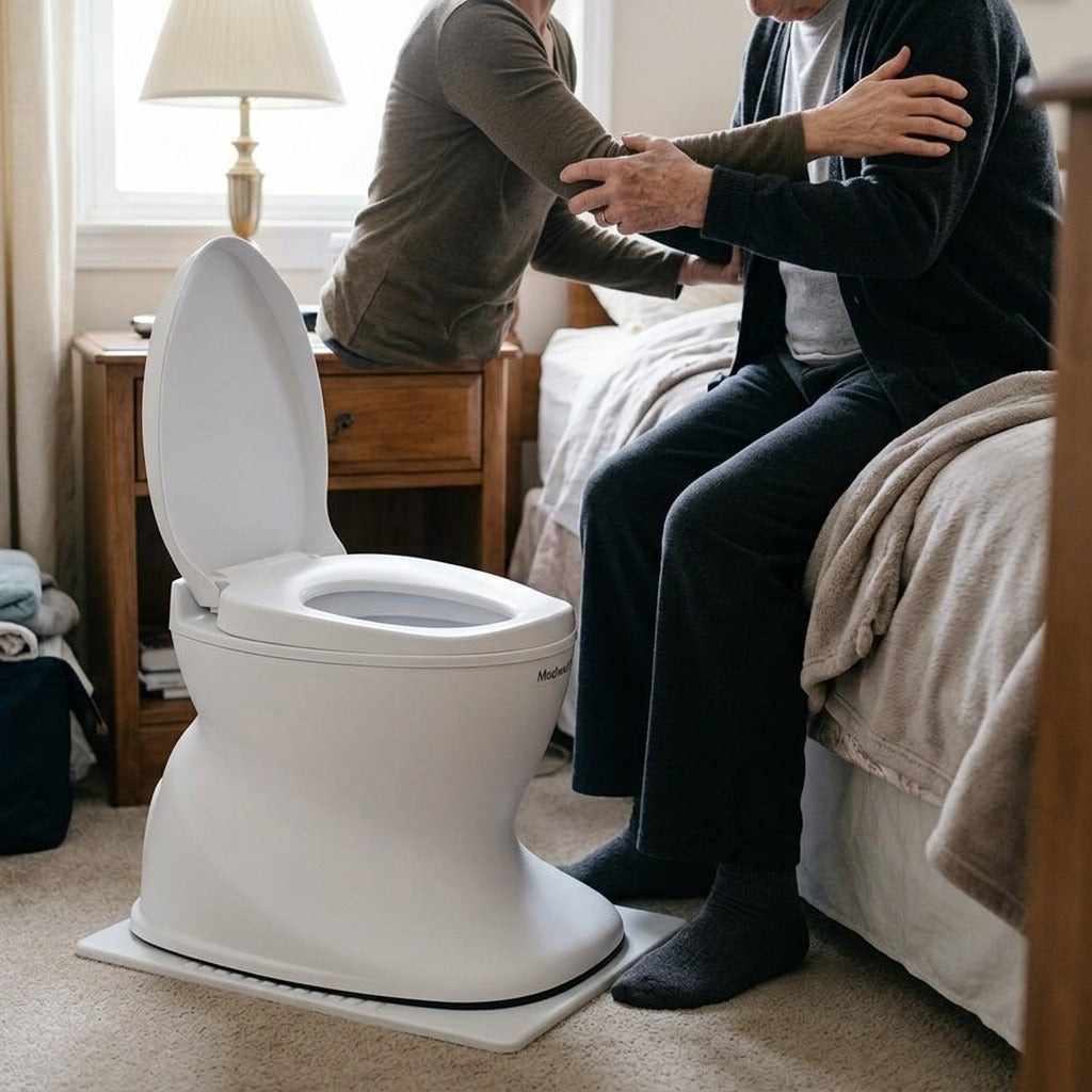 Portable Foldable Bedside Commode Chair with Lid - in use