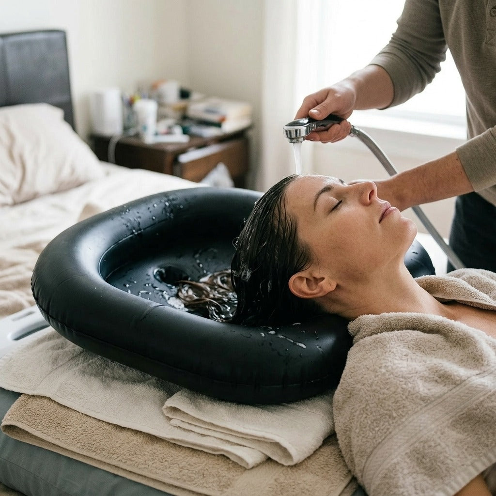 Portable Inflatable Shampoo Basin with Neck Support - in use