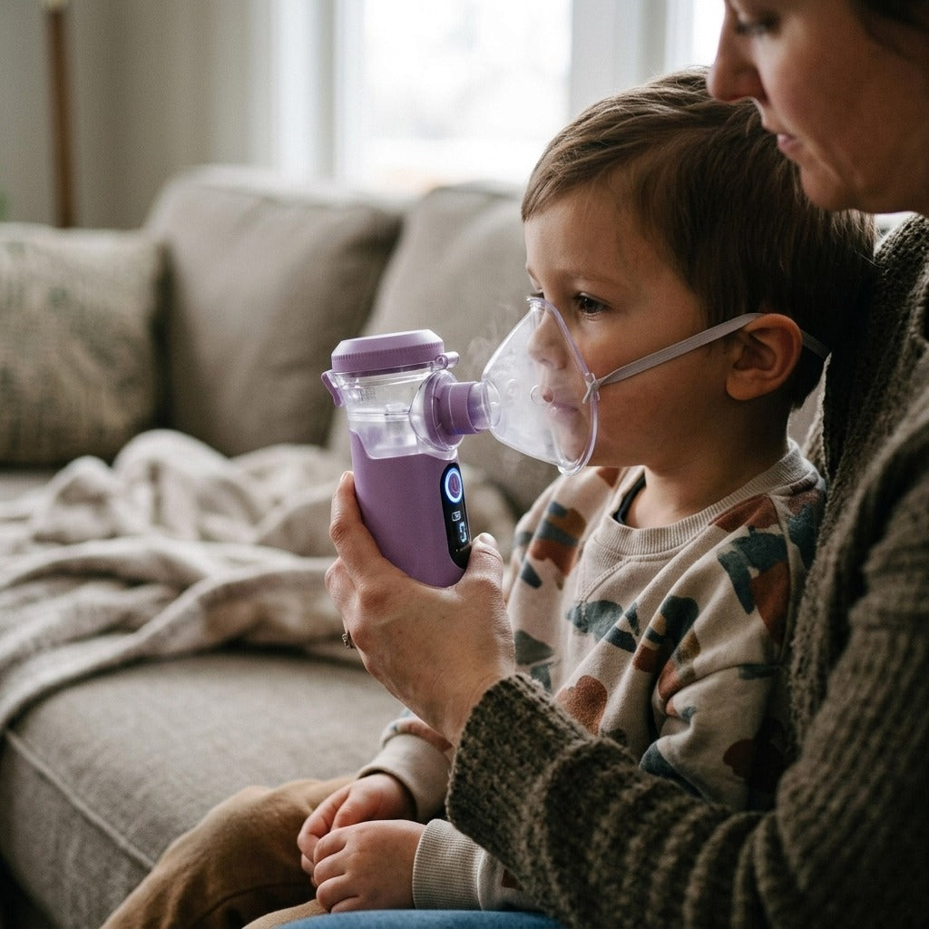Portable Mesh Nebulizer with Adult and Child Accessories - in use