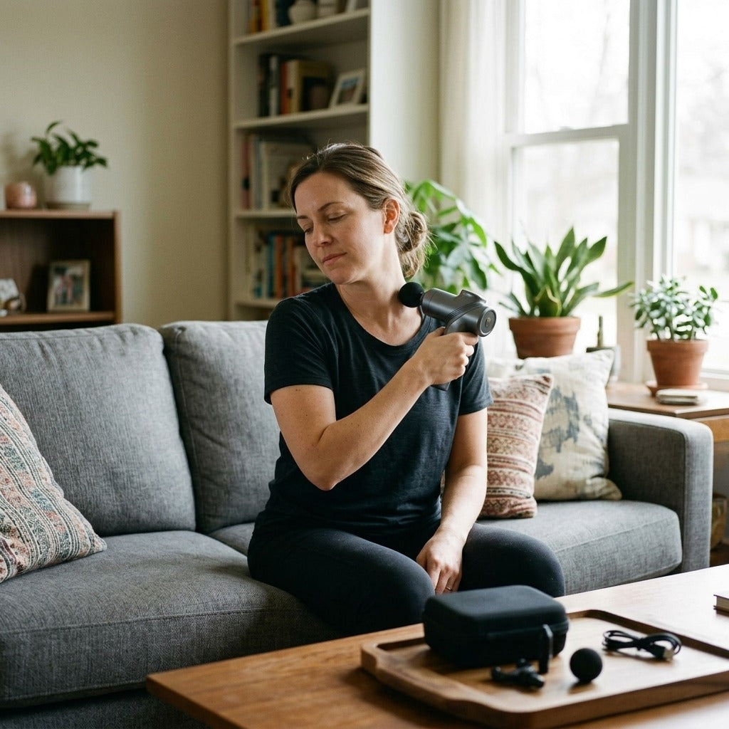 Portable Mini Massage Gun with 4 Interchangeable Heads - at home