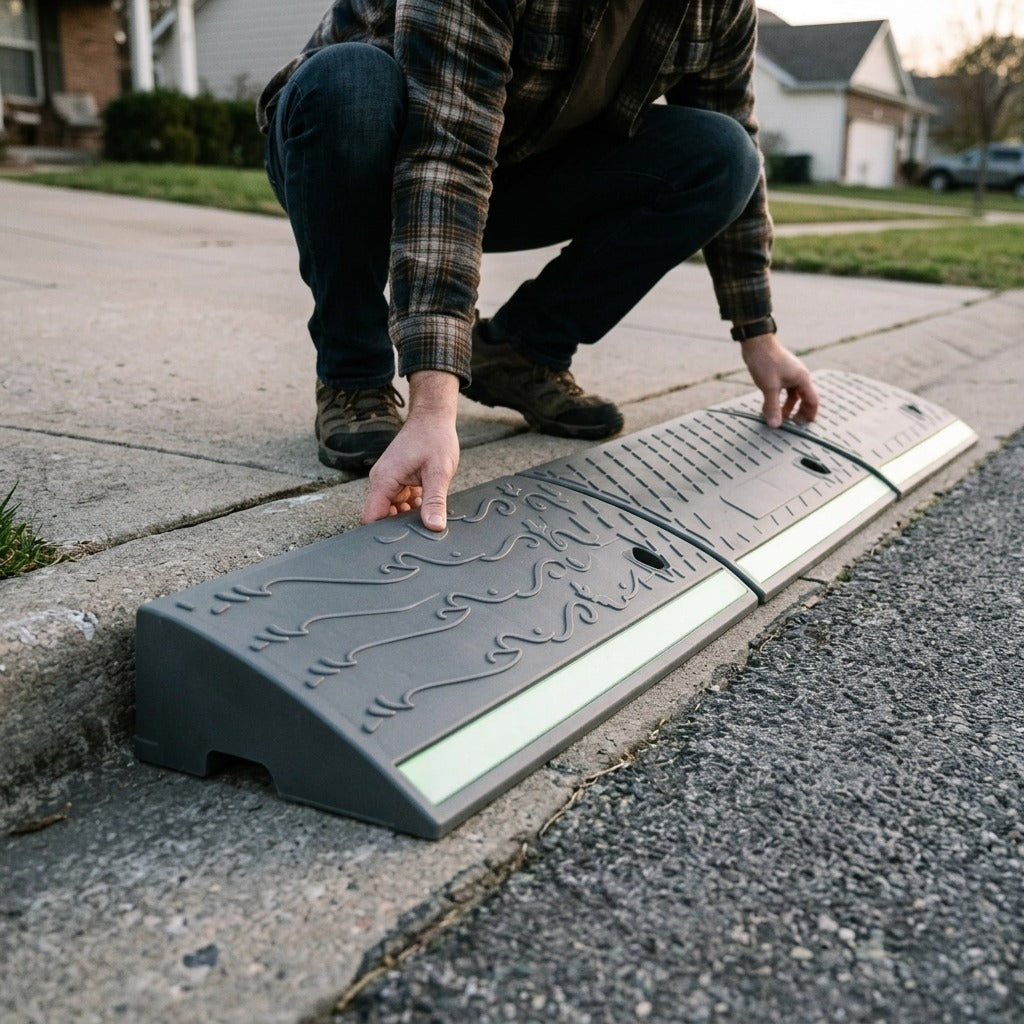 Portable Non-Slip Threshold Ramp, 3–6 cm - in use