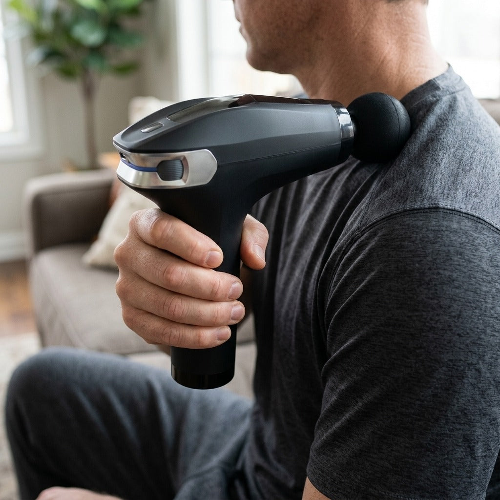 Portable Percussion Massage Gun for Body, Neck and Back - in use