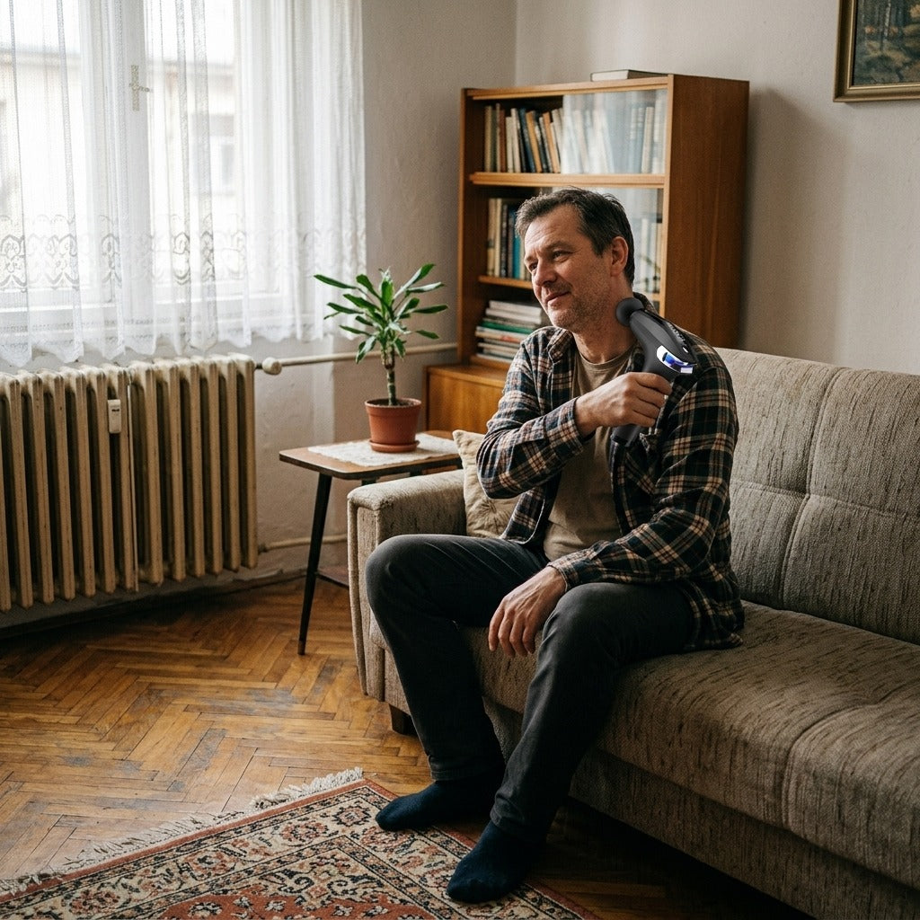 Hordozható ütögető masszázspisztoly testre, nyakra és hátra - a mindennapokban