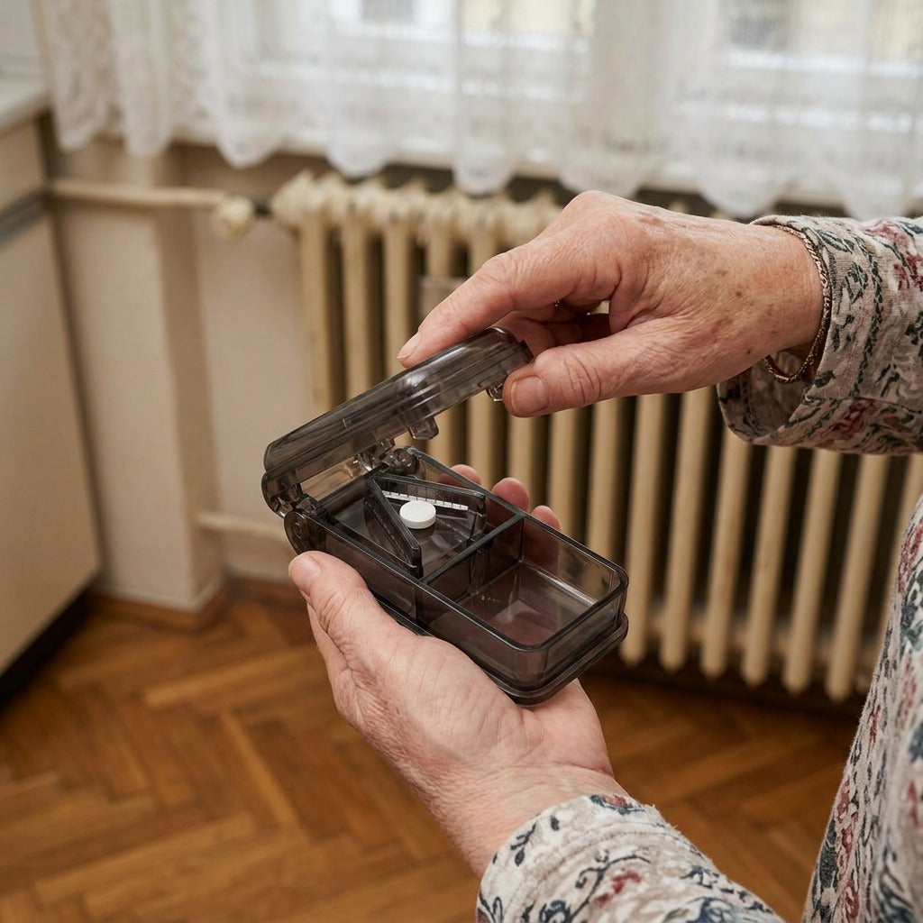 Hordozható tablettavágó két rekesszel - használat közben