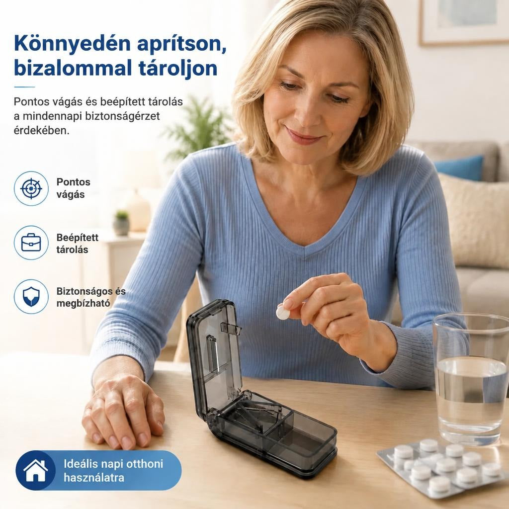 Nő gyógyszertartó és tablettavágó dobozzal az asztalnál.