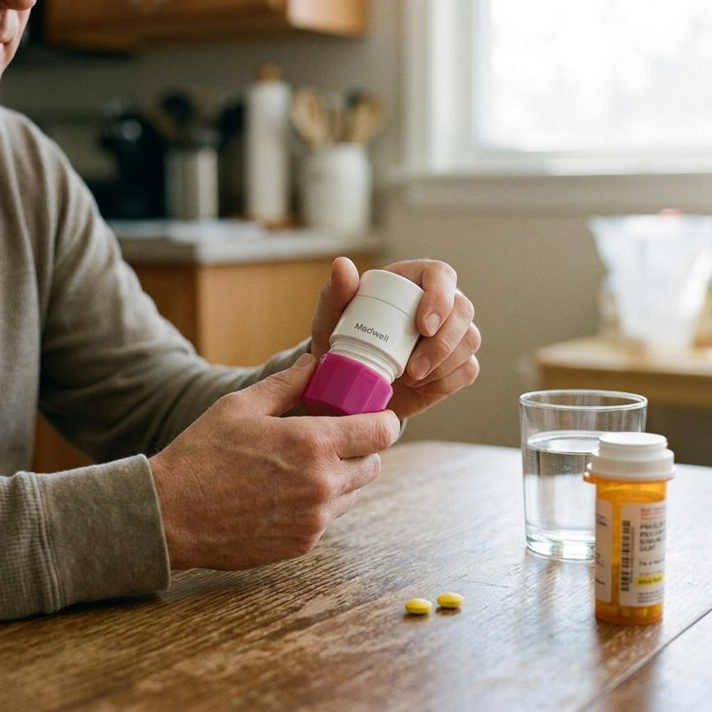 Portable Pill Splitter, Crusher and Storage Box - in use