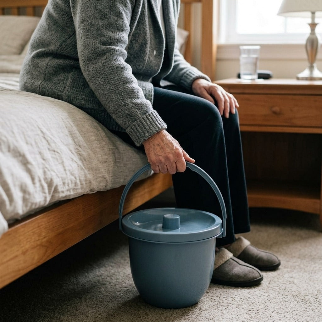 Portable Plastic Chamber Pot for Travel and Home - in use