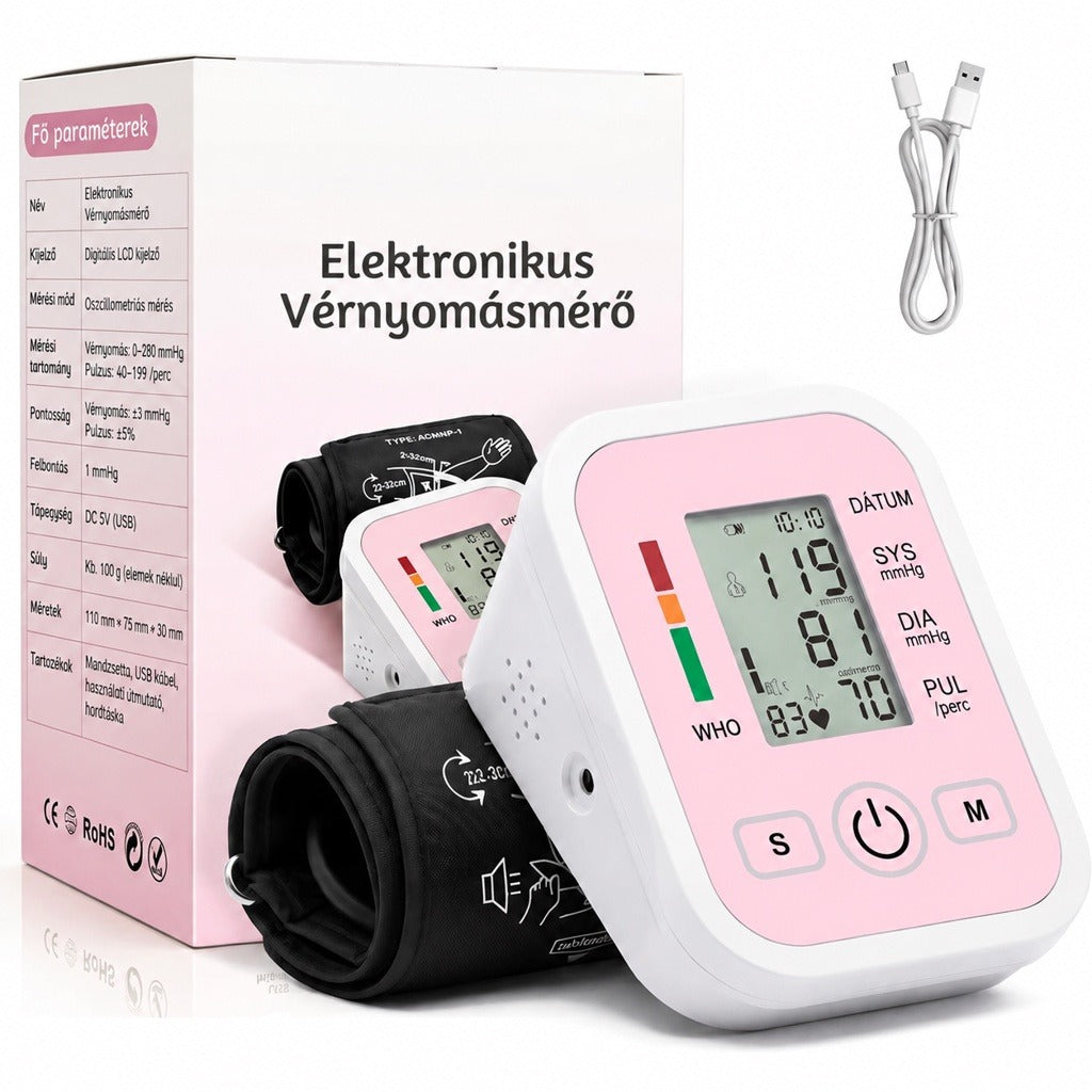 Rózsaszín elektronikus vérnyomásmérő készülék mandzsettával, kábellel és dobozzal