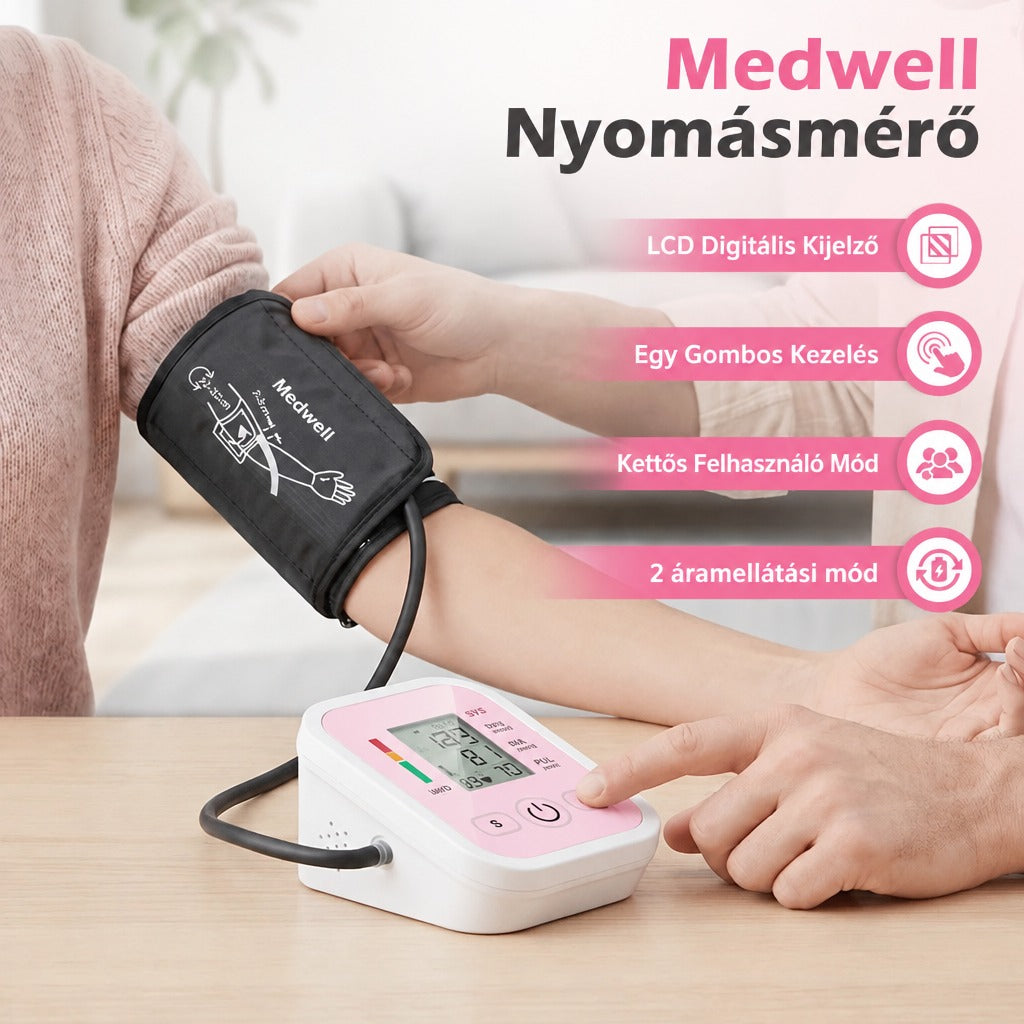 Digitális felkaros vérnyomásmérő használat közben, magyar nyelvű feliratokkal.