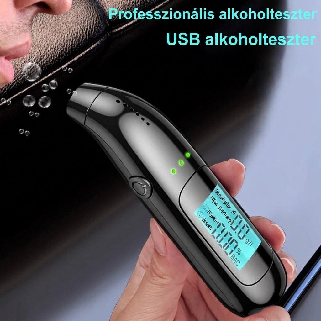 Kézben tartott digitális USB alkoholteszter beépített kijelzővel.