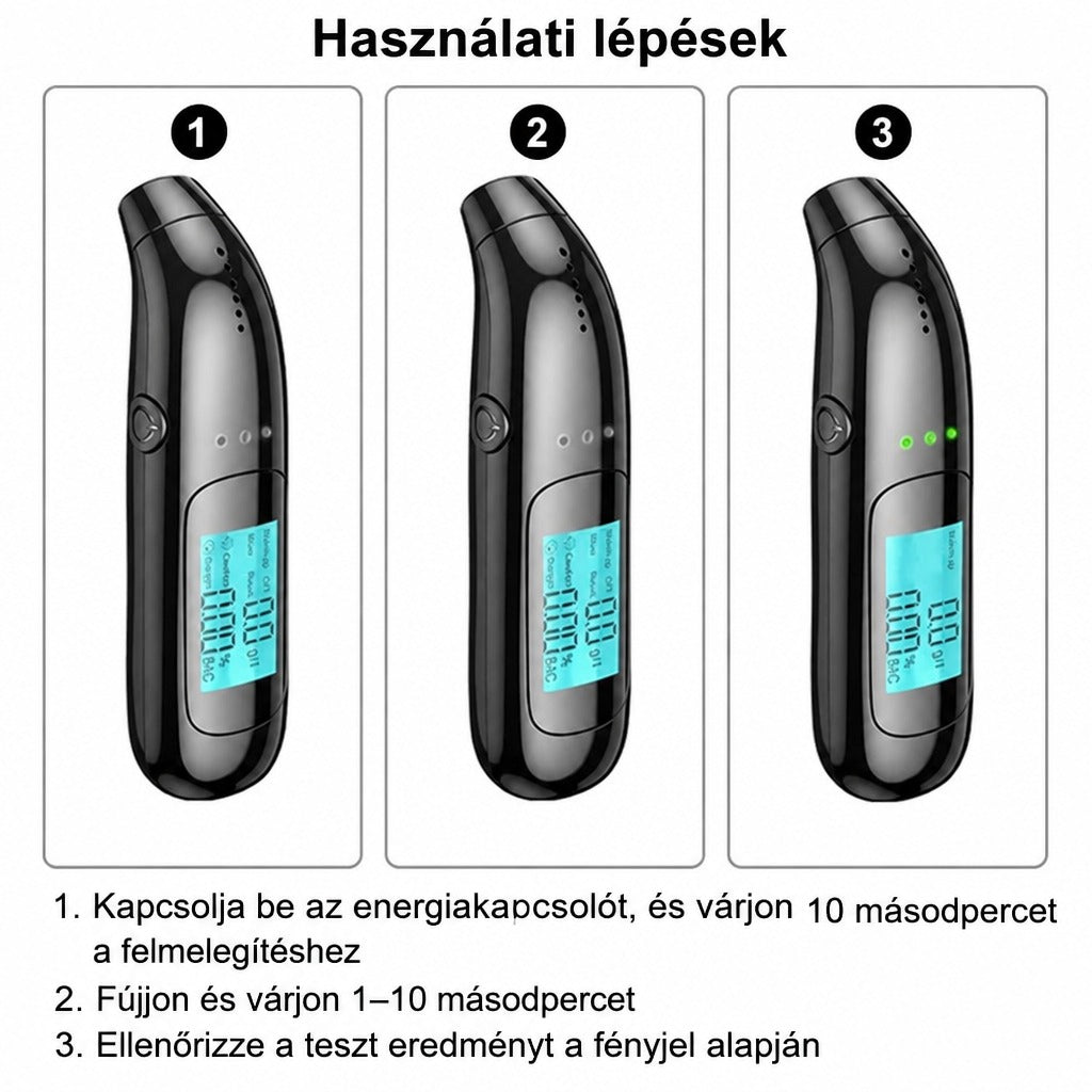 Digitális alkoholszonda használati útmutatója három lépésben illusztrálva.