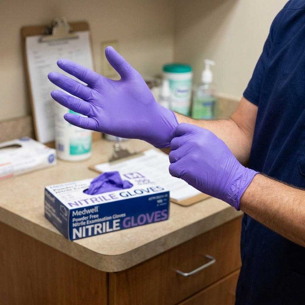 Purple Disposable Nitrile Gloves, 100 Pack - in use
