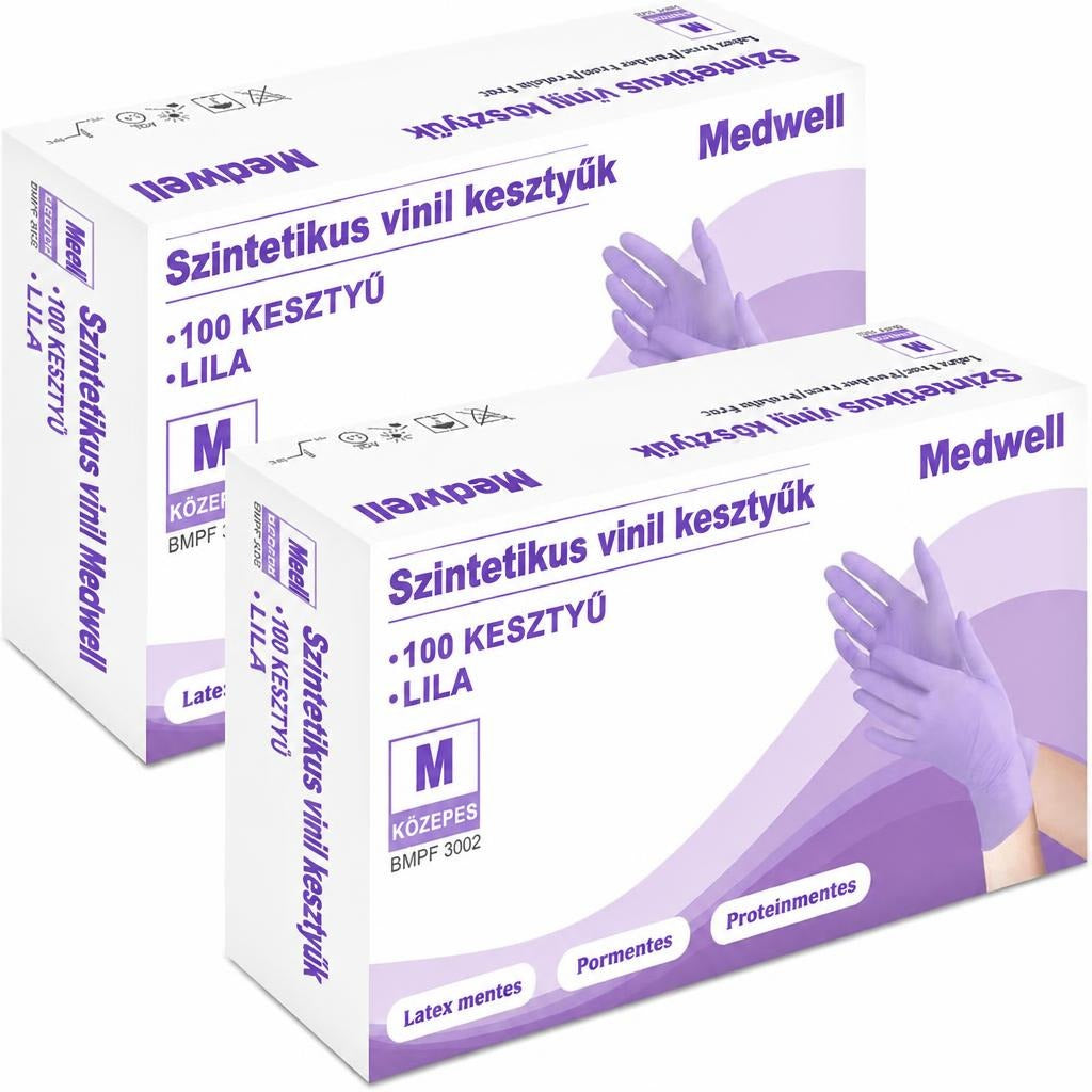 Medwell márkájú, lila színű szintetikus vinil kesztyűk doboza M-es méretben.