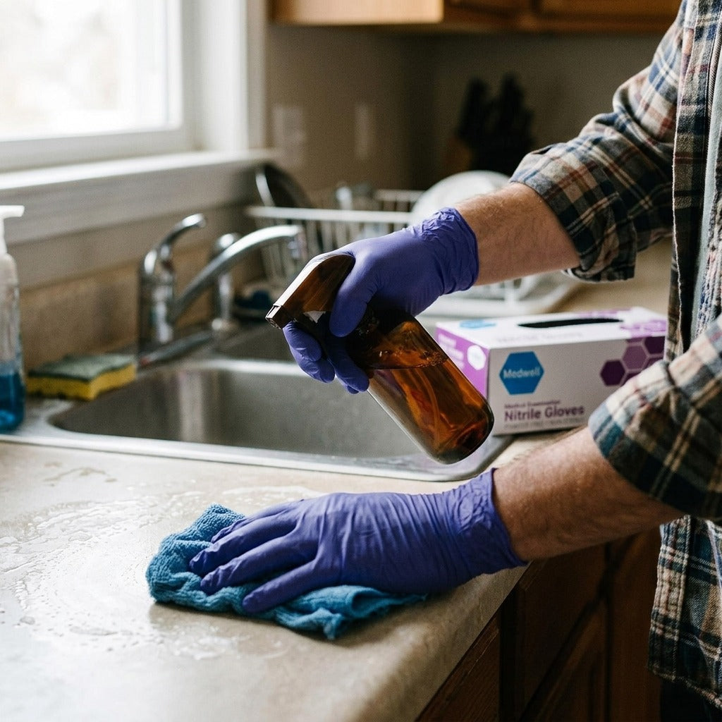 Purple Powder-Free Nitrile Gloves, Latex-Free - in use