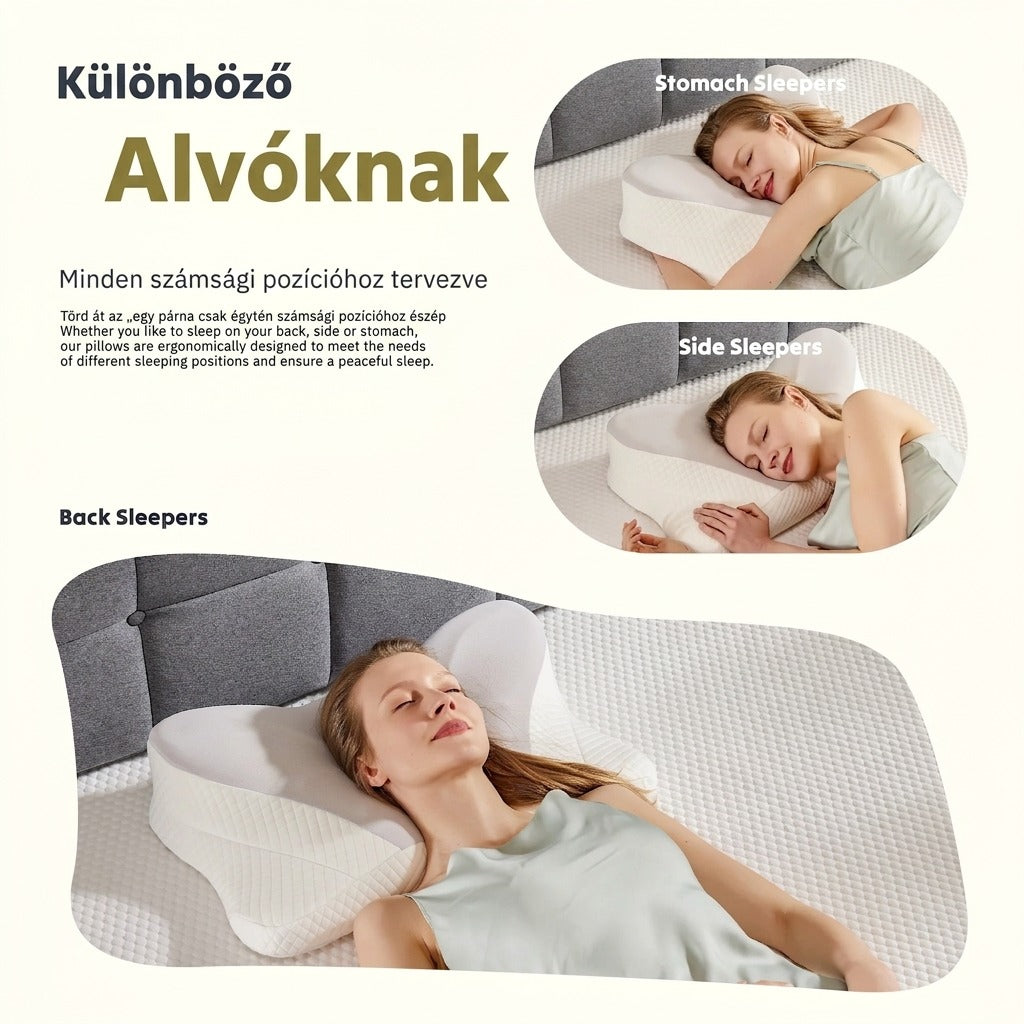 Ergonomikus párna bemutatása különböző alvási pozíciókban alvó nővel