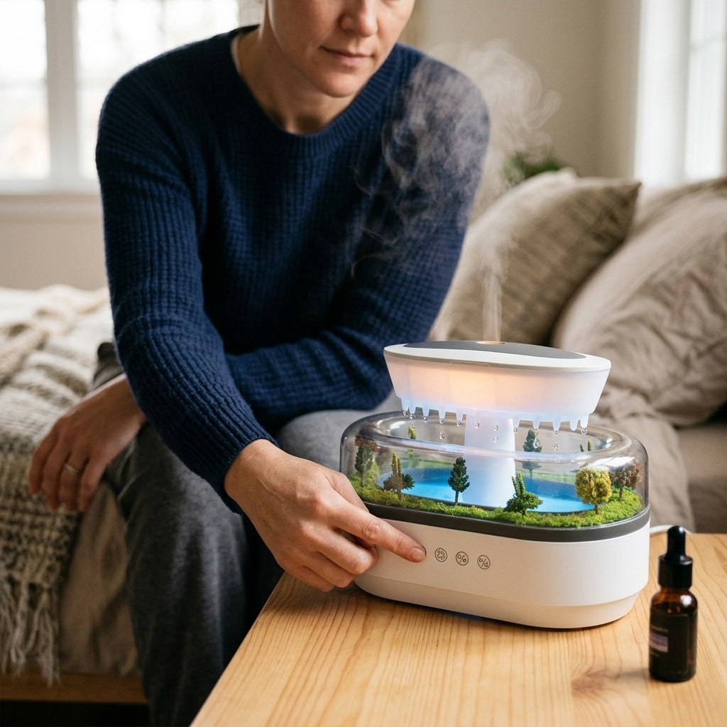 Raindrop Ultrasonic Humidifier and Oil Diffuser with Light - in use