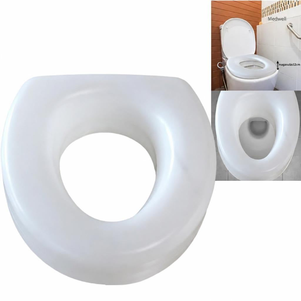 Fehér műanyag WC-magasító ülőke 12 cm-es emeléssel, használat közben és felülnézetből.