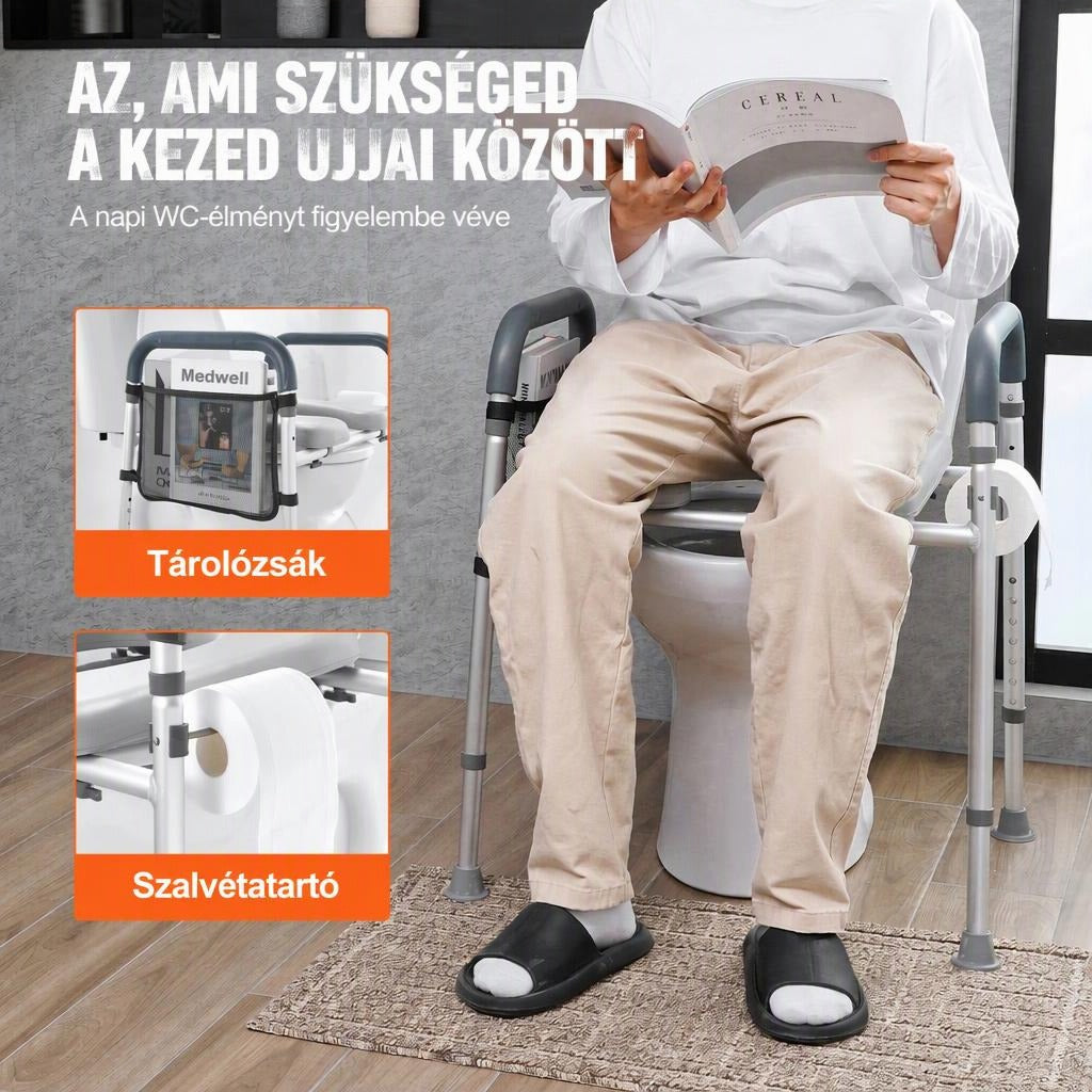 WC-támasztókeret tárolózsebbel és papírtartóval, ülő személlyel a fürdőszobában.