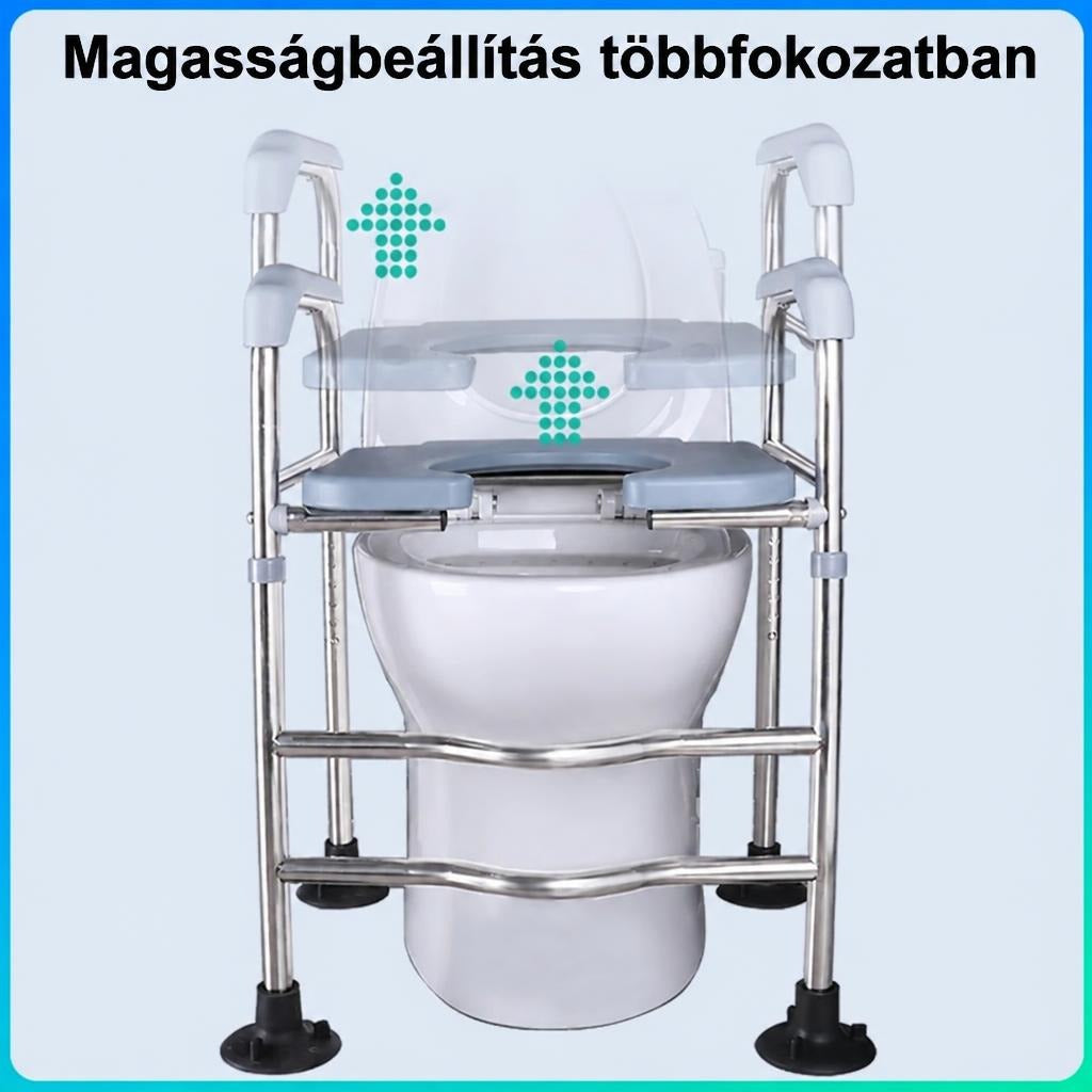 Állítható magasságú WC-biztonsági keret kapaszkodókkal a toalett fölé helyezve.