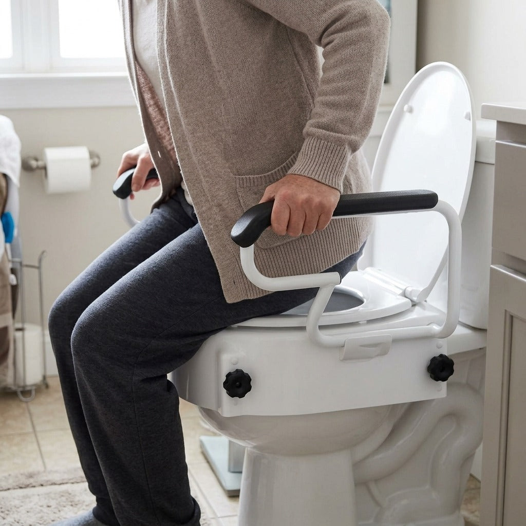 Raised Toilet Seat with Arms, 3 Height Levels - in use