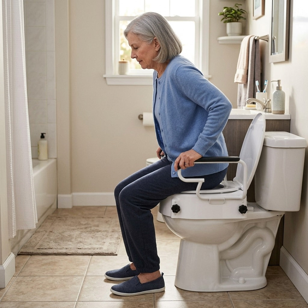 Raised Toilet Seat with Arms, 3 Height Levels - at home