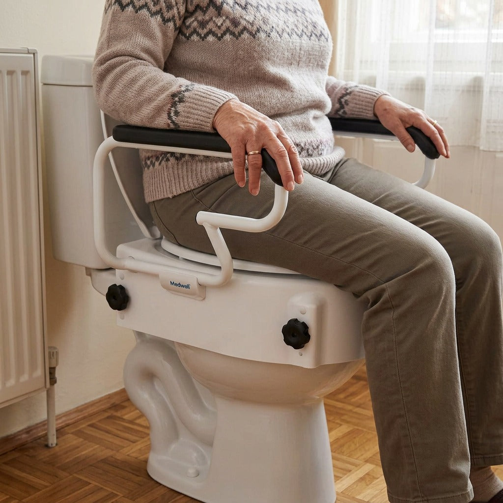 WC magasító karfával, 3 magasságfokozattal - használat közben