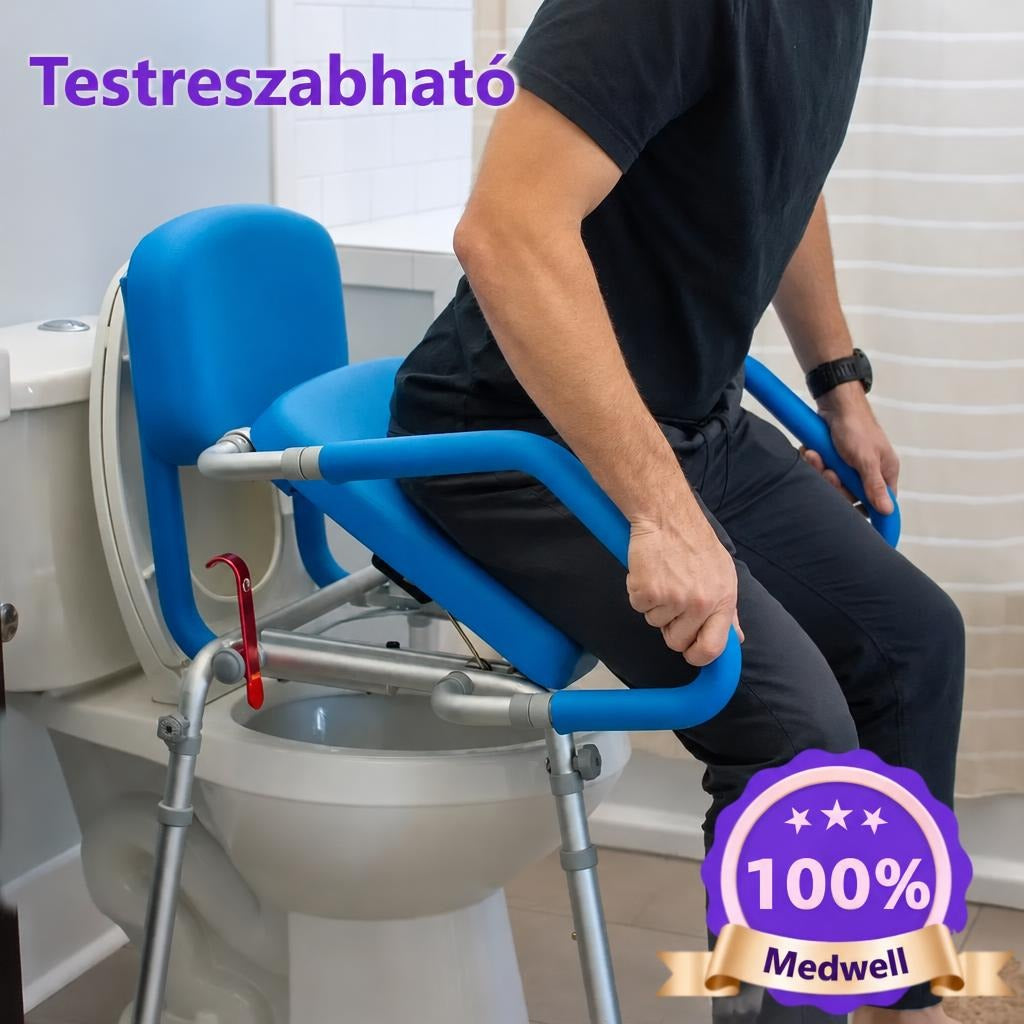 Testreszabható WC-biztonsági ülőke kapaszkodókkal használat közben.