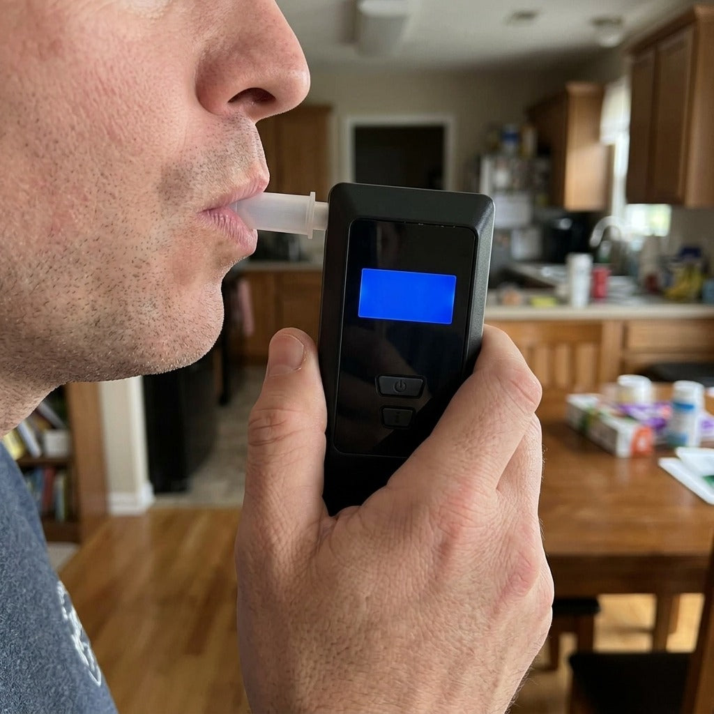 Rechargeable Digital Alcohol Breath Tester, CE Certified - in use
