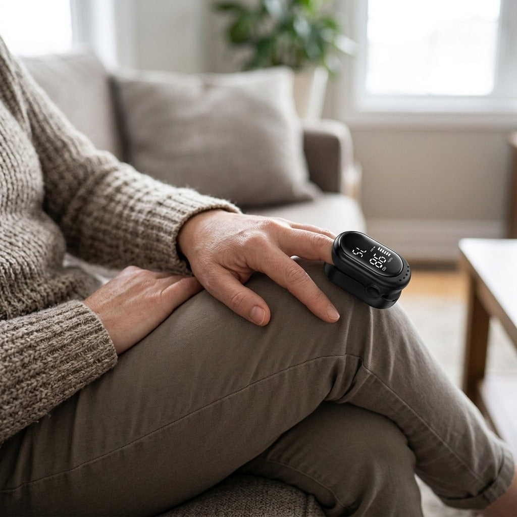 Rechargeable Fingertip Pulse Oximeter, Large HD Screen - in use