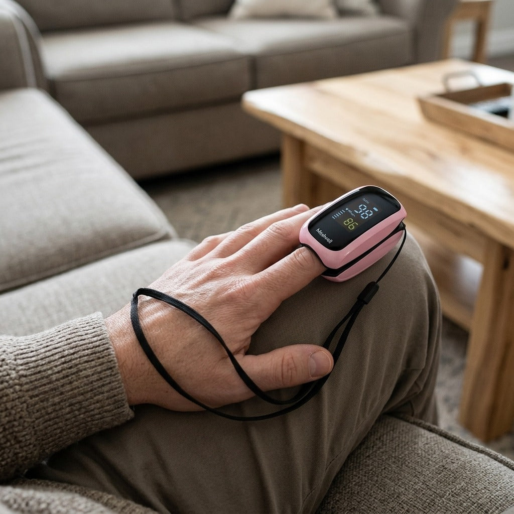 Rechargeable Fingertip Pulse Oximeter with Lanyard, CE Certified - in use
