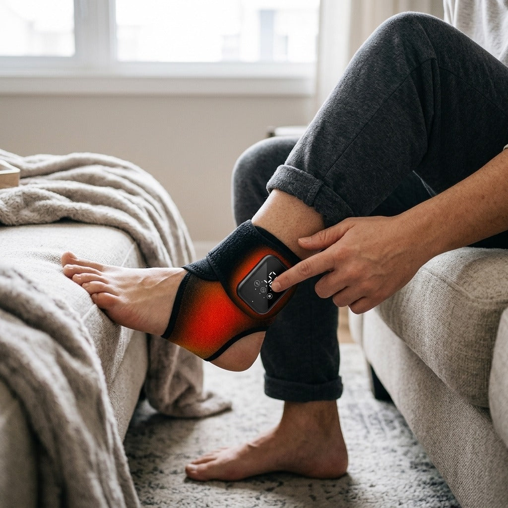 Rechargeable Heated Ankle Brace - in use