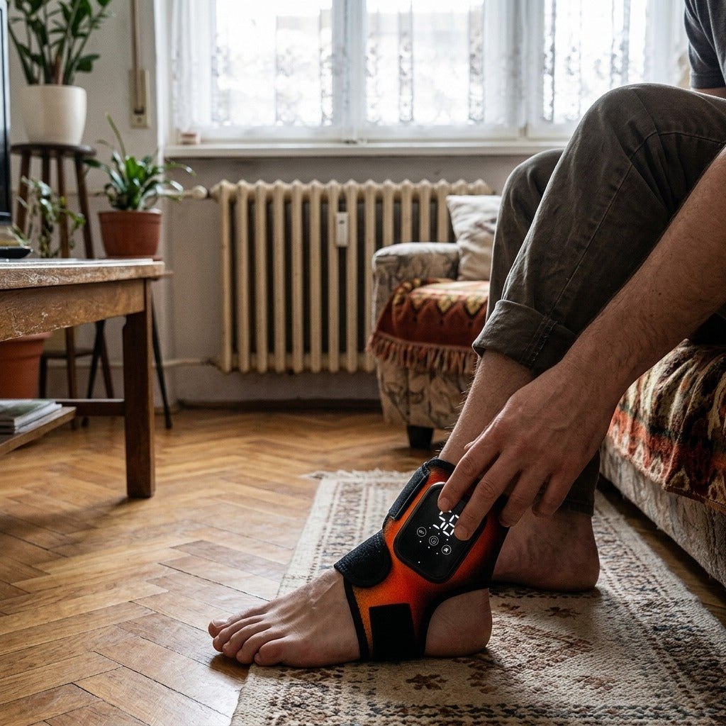 Újratölthető fűthető bokarögzítő - használat közben