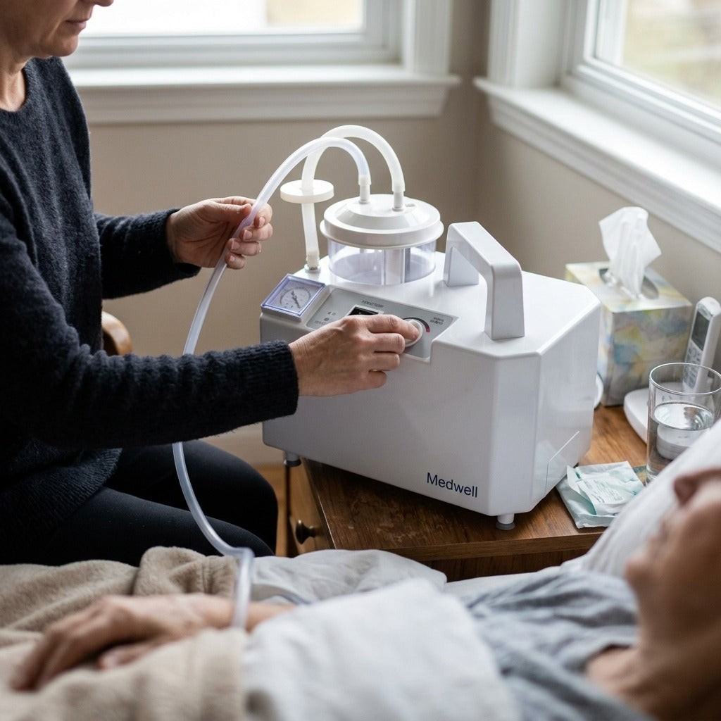 Rechargeable Portable Sputum and Mucus Suction Machine - in use