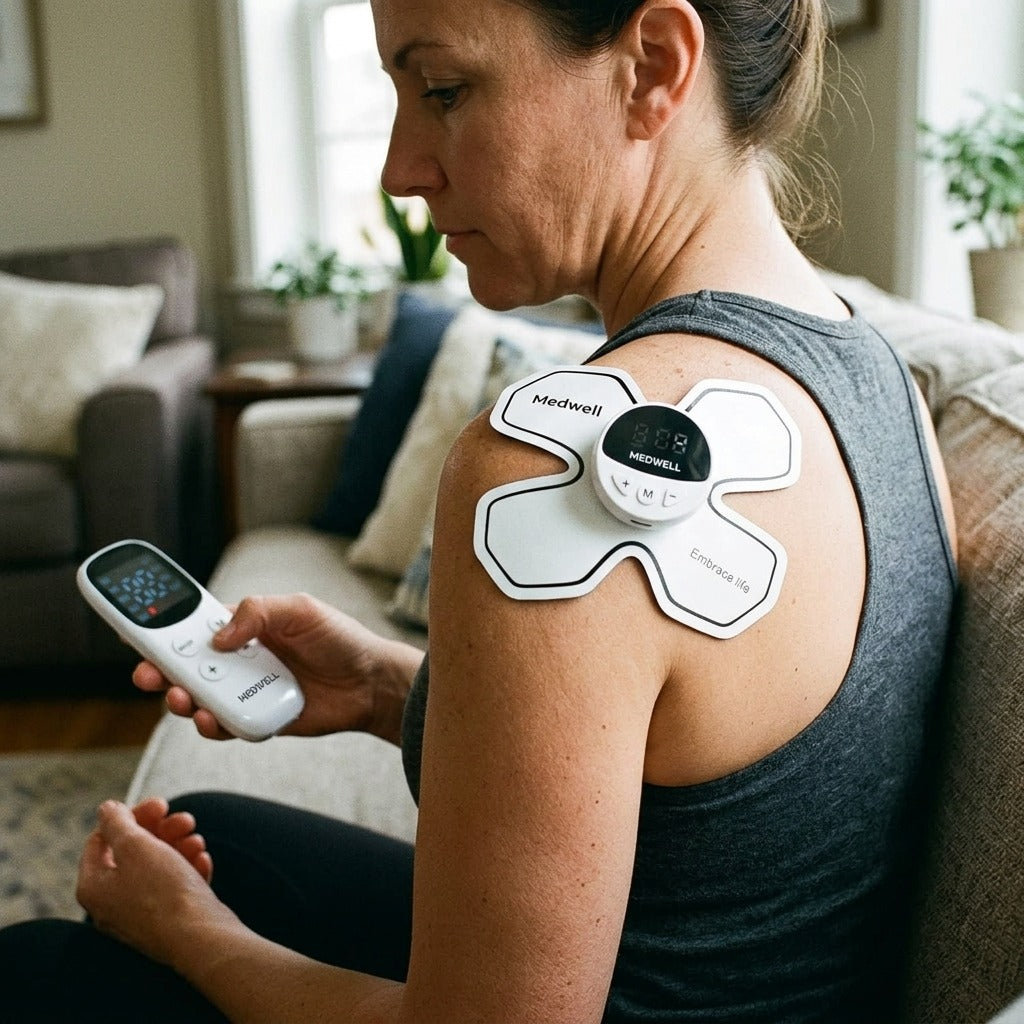Rechargeable Wireless TENS Unit with 9 Modes - in use