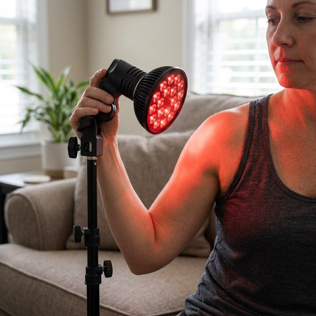 Red and Infrared Light Therapy Lamp with Stand - in use