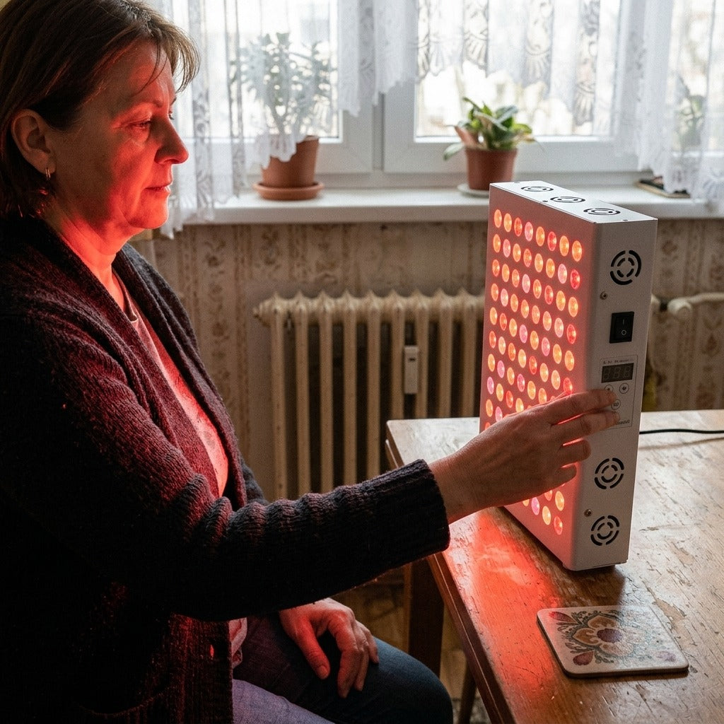 Vörös és közeli infravörös fényterápiás panel több modellben - használat közben