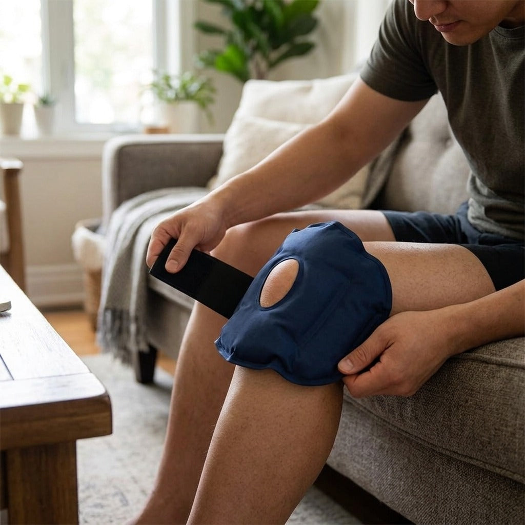 Reusable Adjustable Knee Ice Pack Wrap - in use