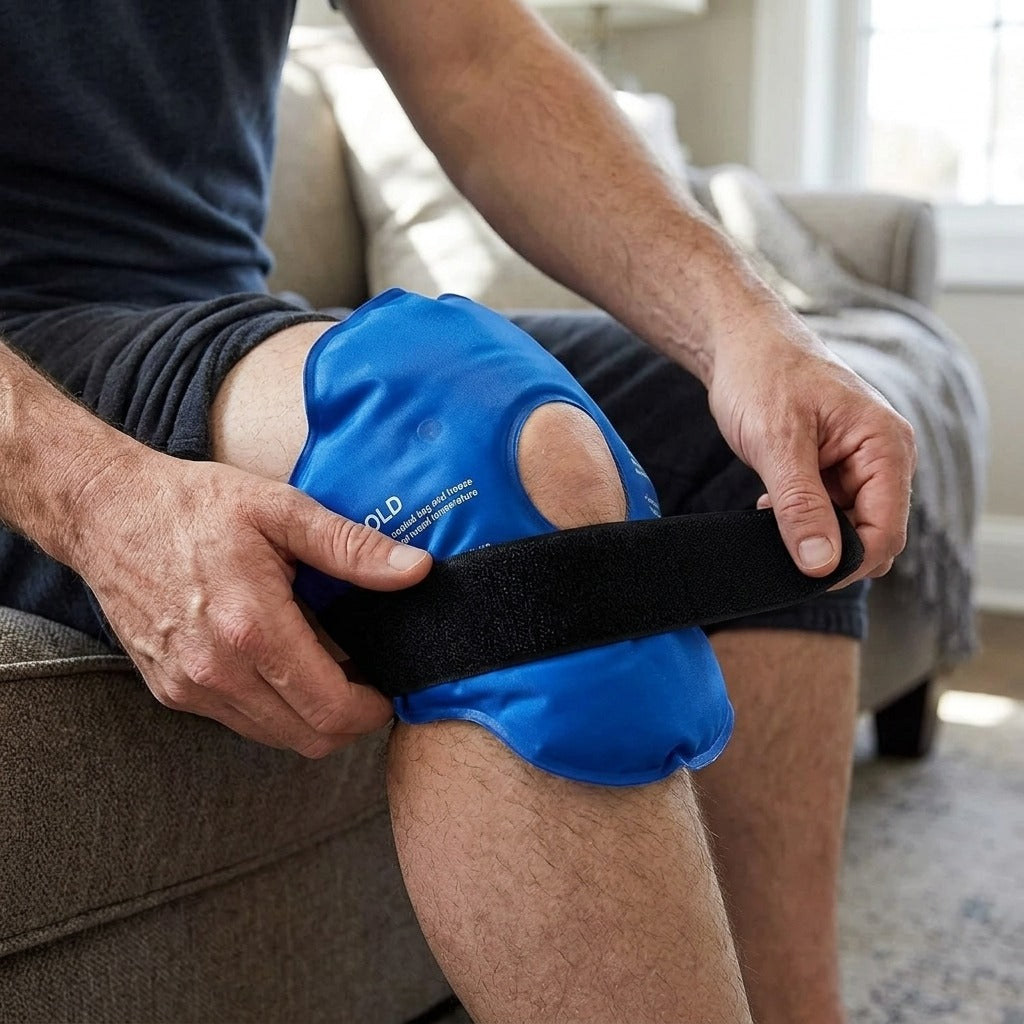 Reusable Gel Ice Knee Wrap for Cold Therapy - in use