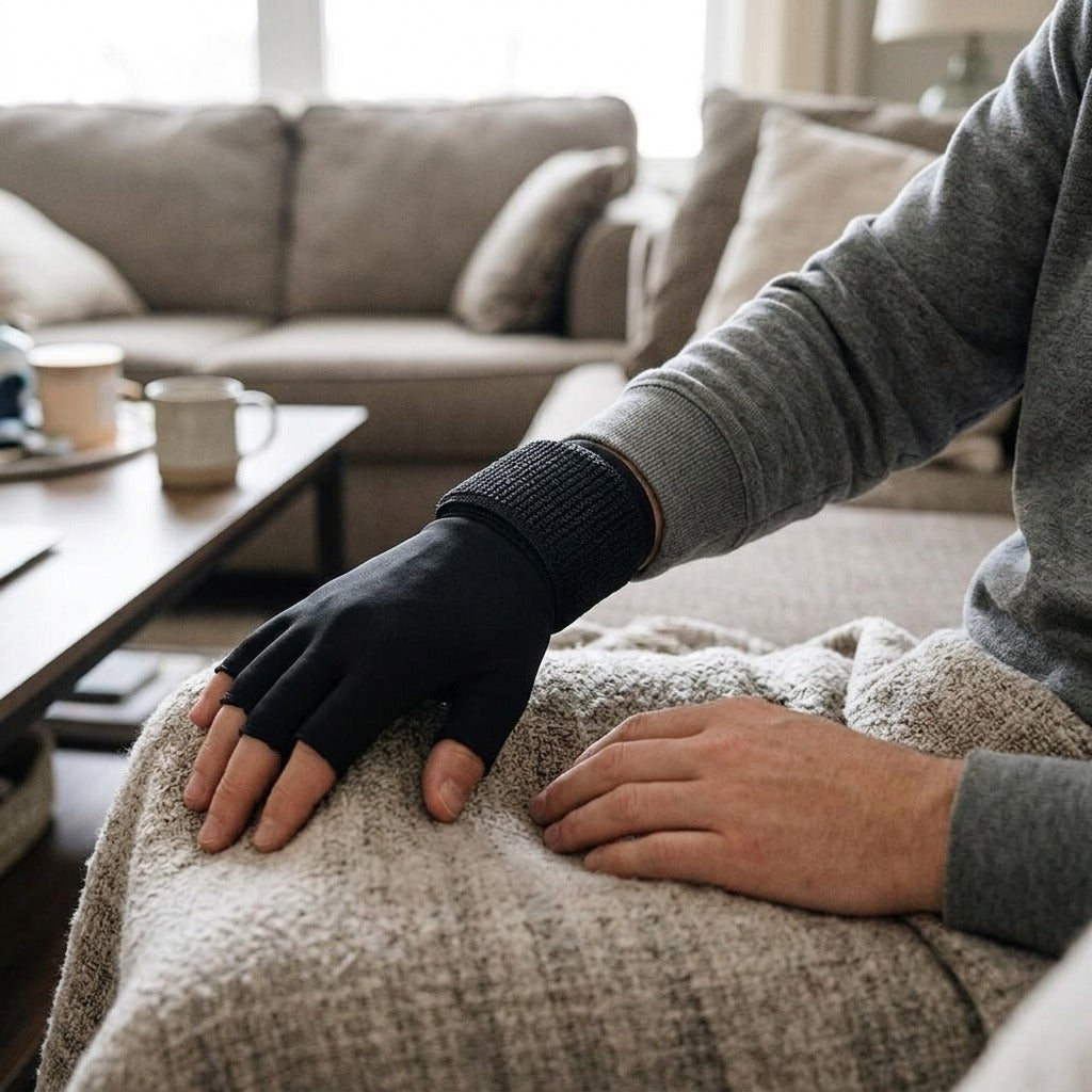 Reusable Hand Ice Pack Glove for Hot or Cold Compress - in use