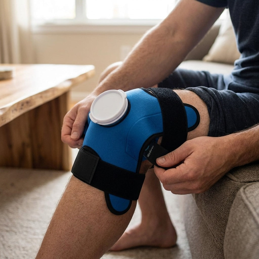 Reusable Hot and Cold Compress Holder Brace - in use