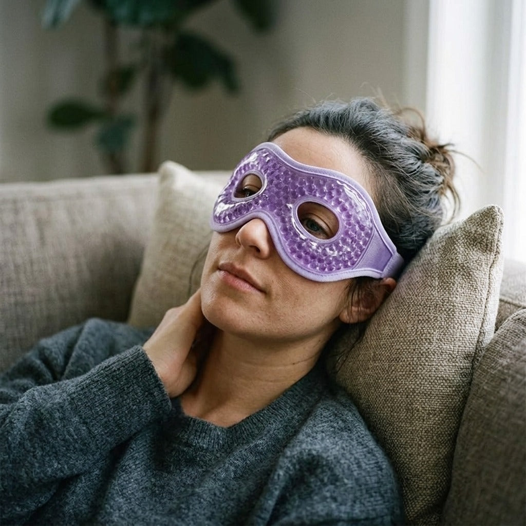 Reusable Hot and Cold Gel Eye Mask with Eye Holes - in use